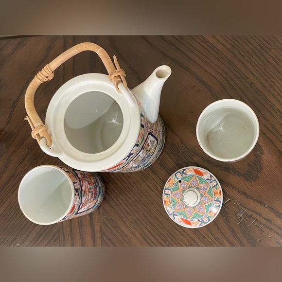 Vintage Porcelain Japanese Ship Design Teapot with 2 Cups Set - Picture 4 of 5